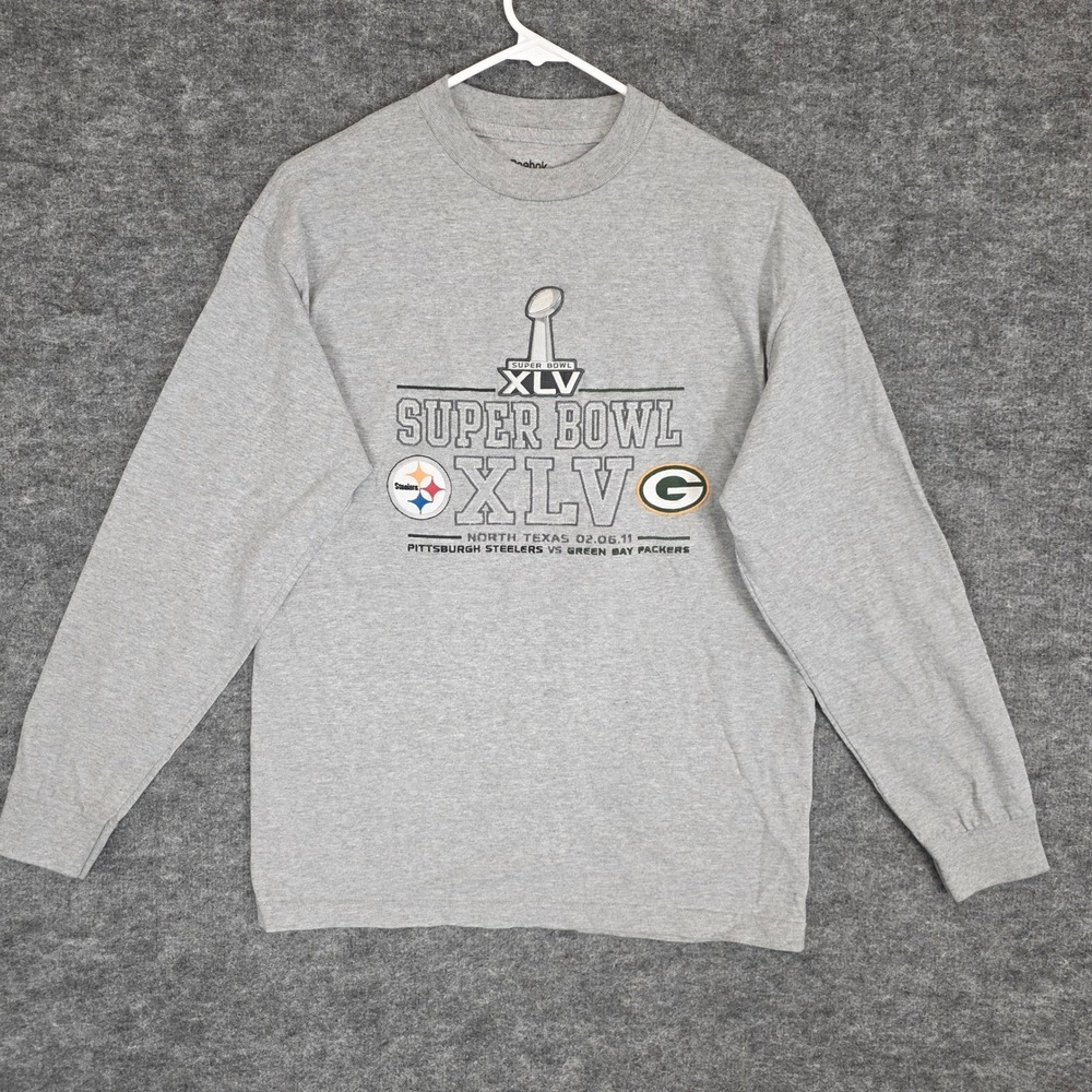 Reebok‎ Super Bowl XLV Steelers vs Packers Gray Long Sleeve T Shirt Mens Medium